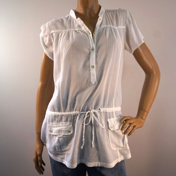 DKNY Jeans White Tunic Top Sz M Light Cotton Half Button Pockets - Picture 3 of 13
